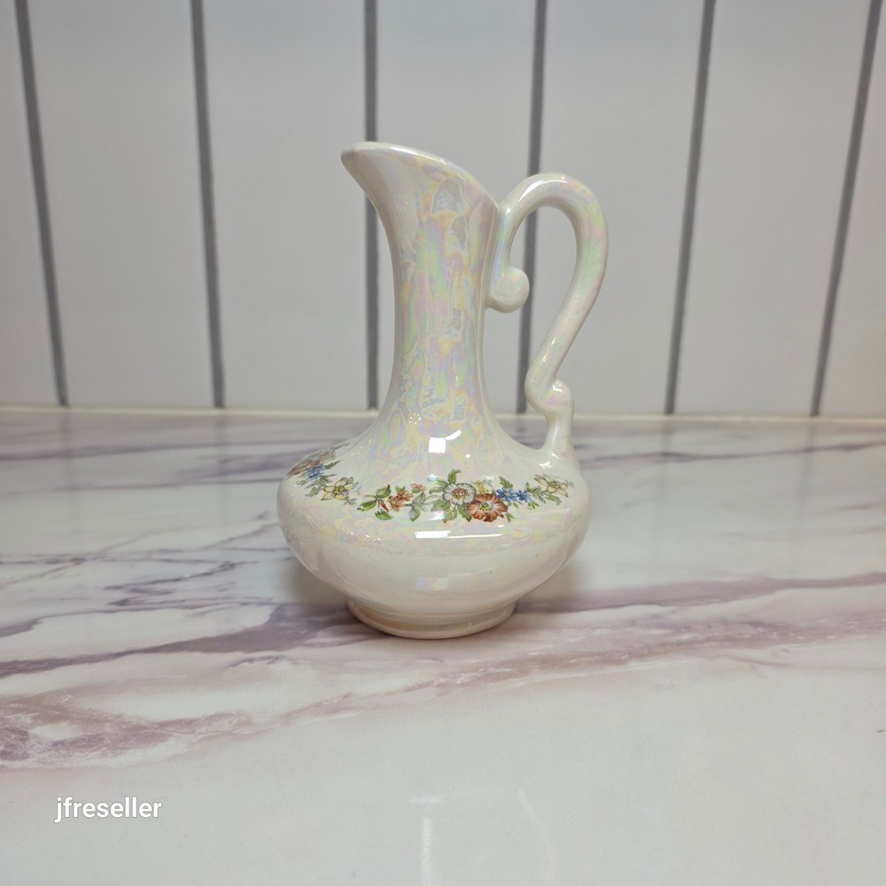 Vintage Iridescent Lusterware Ewer Pitcher Bud Vase Floral Ceramic 5.5 inch
